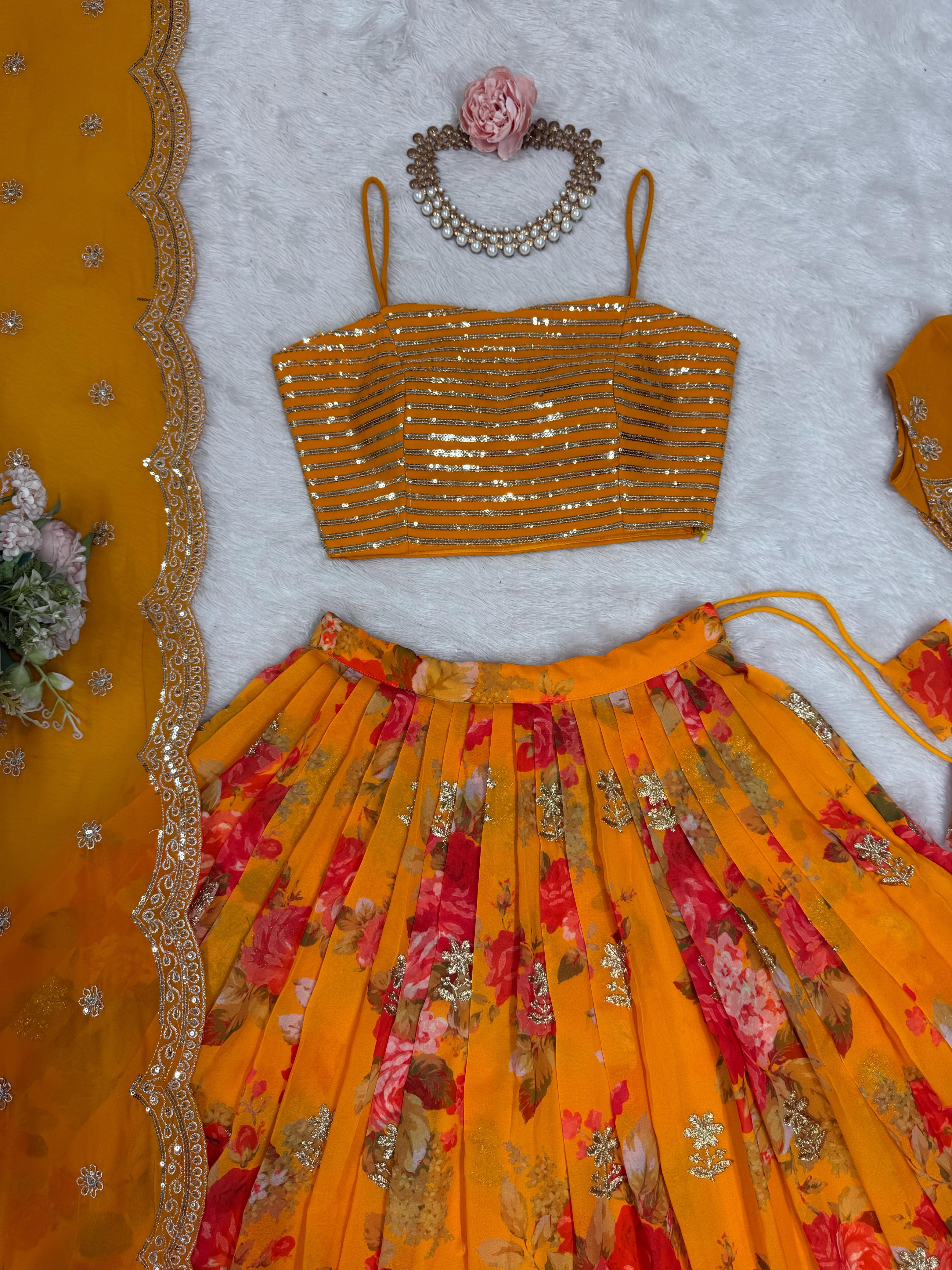 Trendy Stylish Georgette With Digital Printed Yellow Lehenga Choli