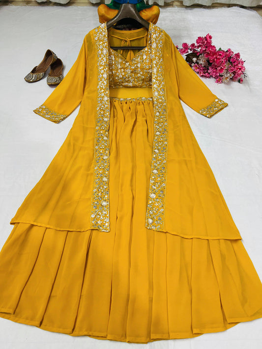 Elegant Mustard Yellow Embroidered Indo Western Lehenga Set