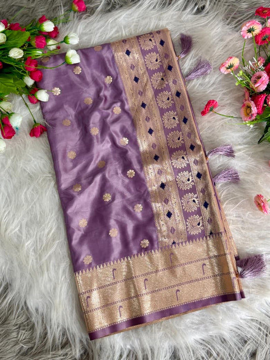 A Perfect Tradition Pastel Shaded Shiny Satin katan Silk Saree