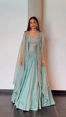 Party-wear Chinon Silk Thread With Sequence Work Lehenga Choli With Shrug