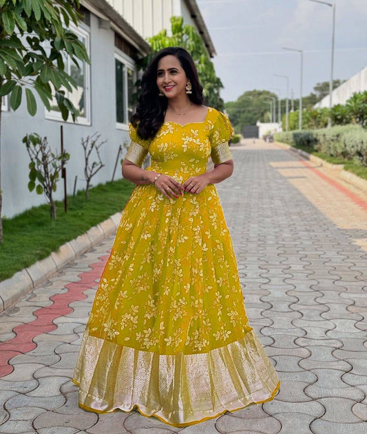 Trending Full Stitched Organza Silk With Full Flair Foil Work Gown