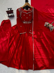Royal Red Chinon Silk Coding Sequence With Real Mirror Work Gown