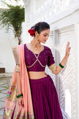 Royal Wine Vichitra Silk Plain With Paithni Lace border Lehenga Choli