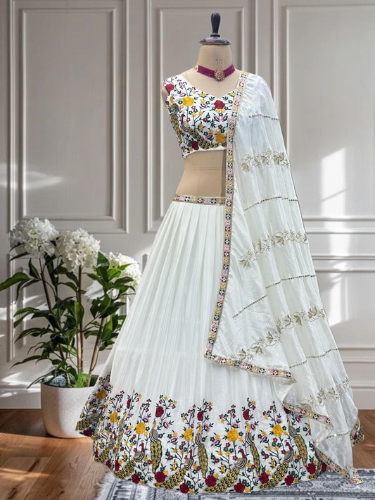 Party-wear White Chinon Silk Embroidery Sequence Thread Work Designer Lehenga Choli