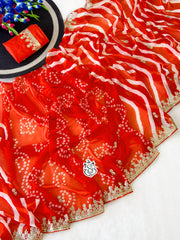 Beautiful Georgette With Digital Bandhej Peding Printed Saree