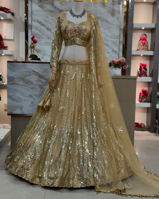 Beautiful Yellow Soft Net Embroidery Sequins Work Lehenga Choli