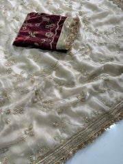 Party-wear Space Satin Beads Sequence Work Saree