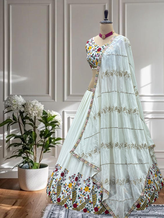 Party-wear White Chinon Silk Embroidery Sequence Thread Work Designer Lehenga Choli