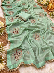 Beautiful Star Georgette Elephant Motif Beads & Thread Work Saree