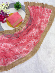 Beautiful Net Embroidery Designer Pearls Diamond Work Saree