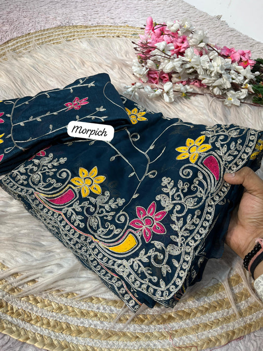 Beautiful Satin Chiffon Chainstiched Work Saree