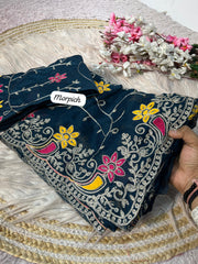 Beautiful Satin Chiffon Chainstiched Work Saree
