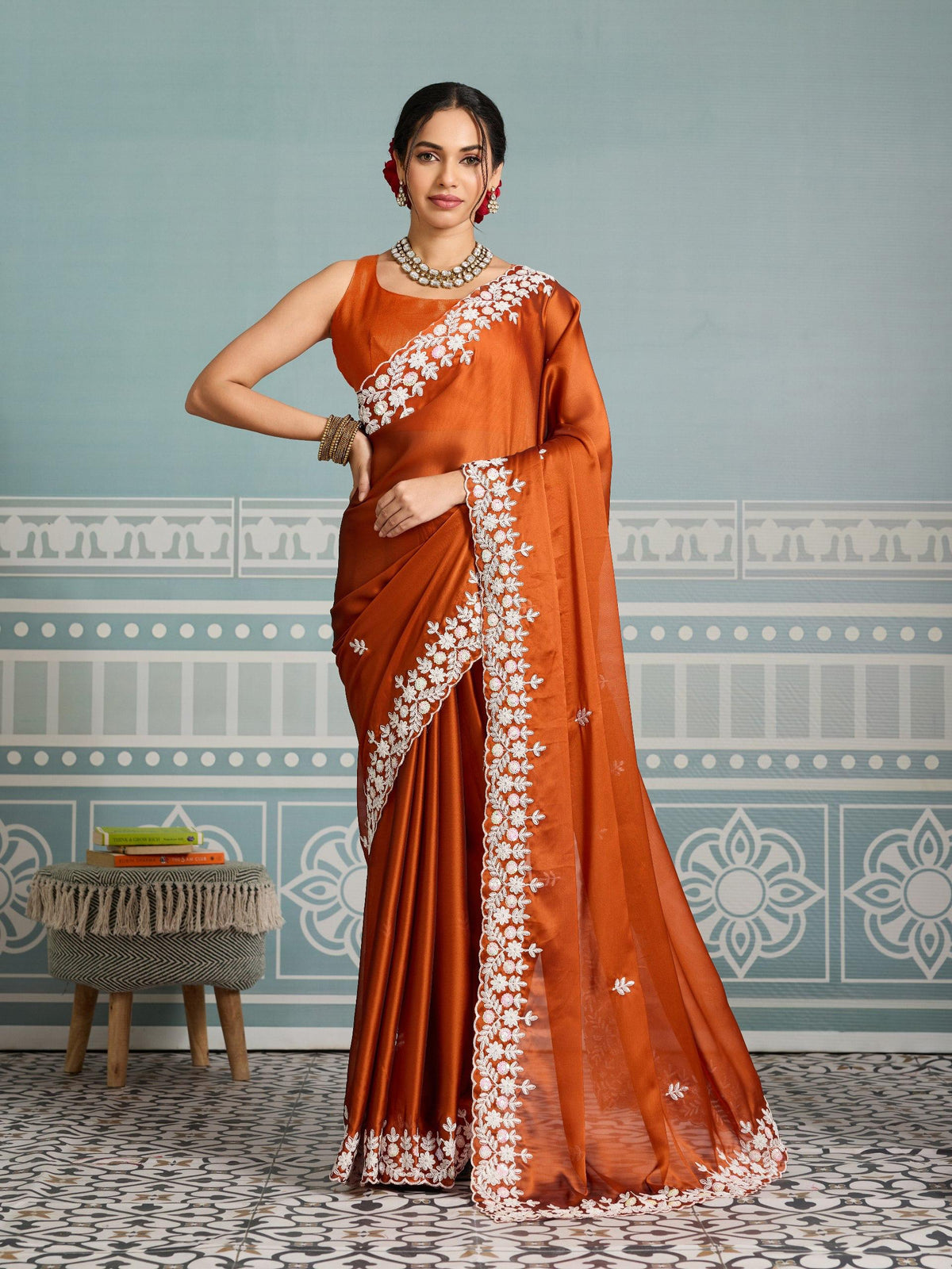 Party-wear Rangoli Silk Embroidery & Sequence Cutwork Border Saree