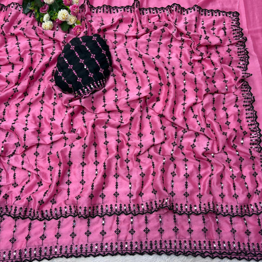 Beautiful Rangoli Silk Embroidery & Mirror Work Border Designer Saree