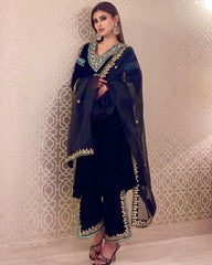 Party-wear Viscose Velvet With Embroidery Sequence Work Fancy Bell Sleeve Suit