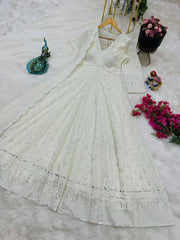 Partywere White Colour Georgette Work Gown