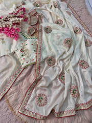 Beautiful Soft Chinon Silk With Heavy Coding Sequence Multi Work Saree