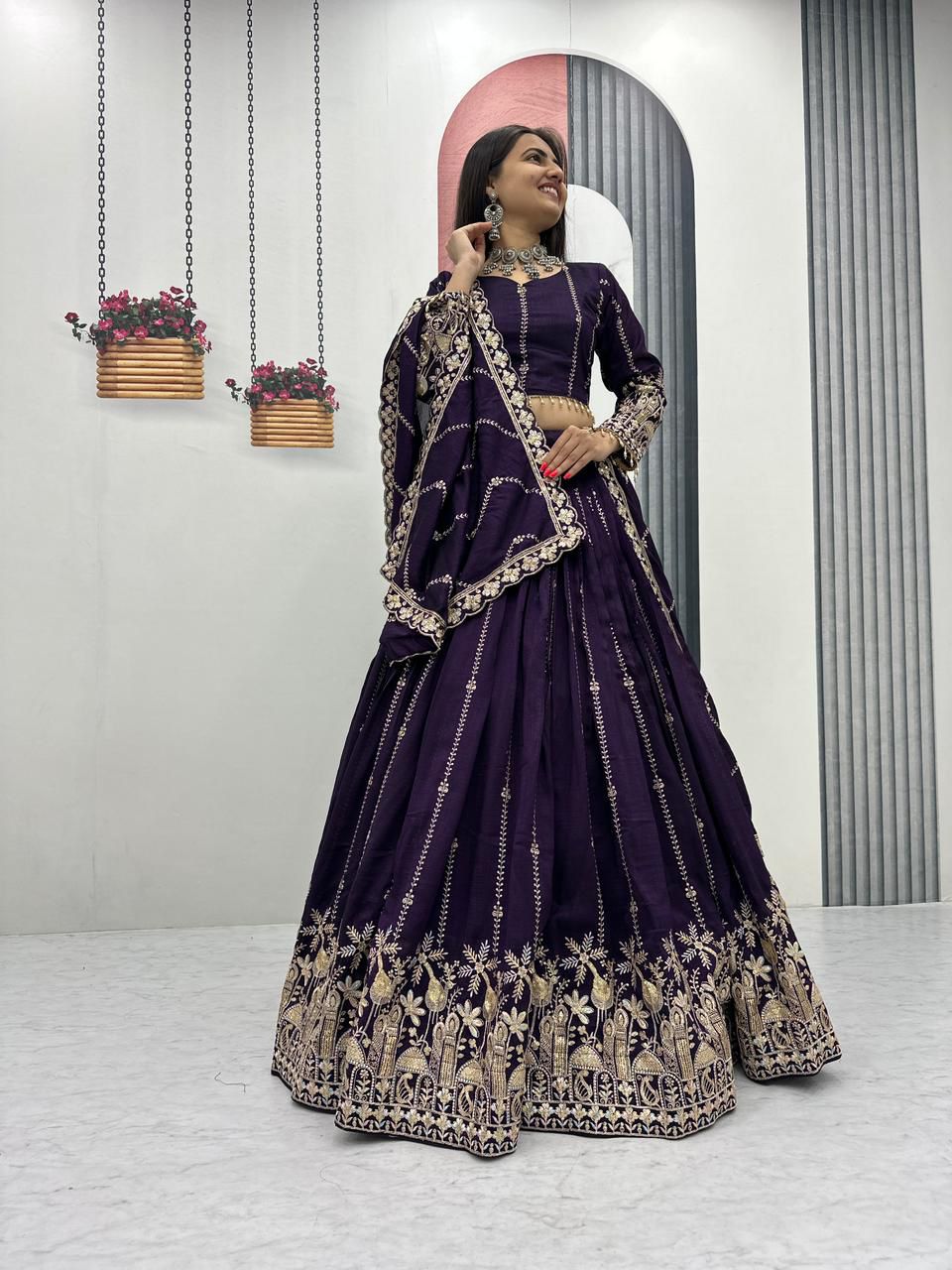 Festive Special Vichitra Silk Embroidery Thread & Sequence Work Lehenga With Stitched Blouse