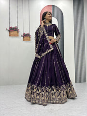 Festive Special Vichitra Silk Embroidery Thread & Sequence Work Lehenga With Stitched Blouse