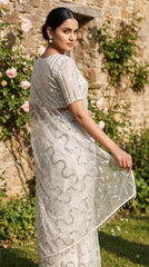 Party-wear Soft Net Real Beads With Moti Work Saree