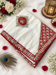 Beautiful Chinon Bandhej Patch Butta With Gotapatti Work Saree