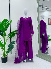 Stylish Purple Natural Crepe Beads With Thread Work Sharara Set