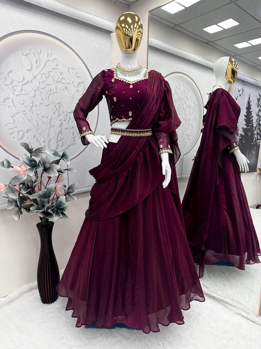 Party-wear Designer Two Tone Fendy Silk Embroidery Sequins & Codding Work Lehenga Saree