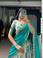 Beautiful Dola Chex Floral Printed With Zari Weaving Work Lehenga Choli