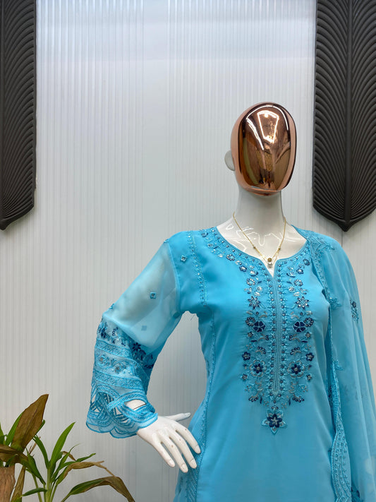 Attractive Designer Sky-Blue Georgette Sequence & Embroidery Work Suit