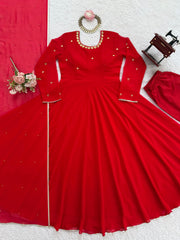 Elegant Ethnic Red Georgette Hand-Work & Stone Work Gown