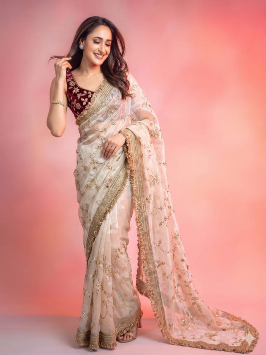 Party-wear Space Satin Silk Bits Sequence Work Saree