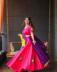Navratri Special Rayon Cotton Embroidery Thread Work Big Flair Lehenga Choli