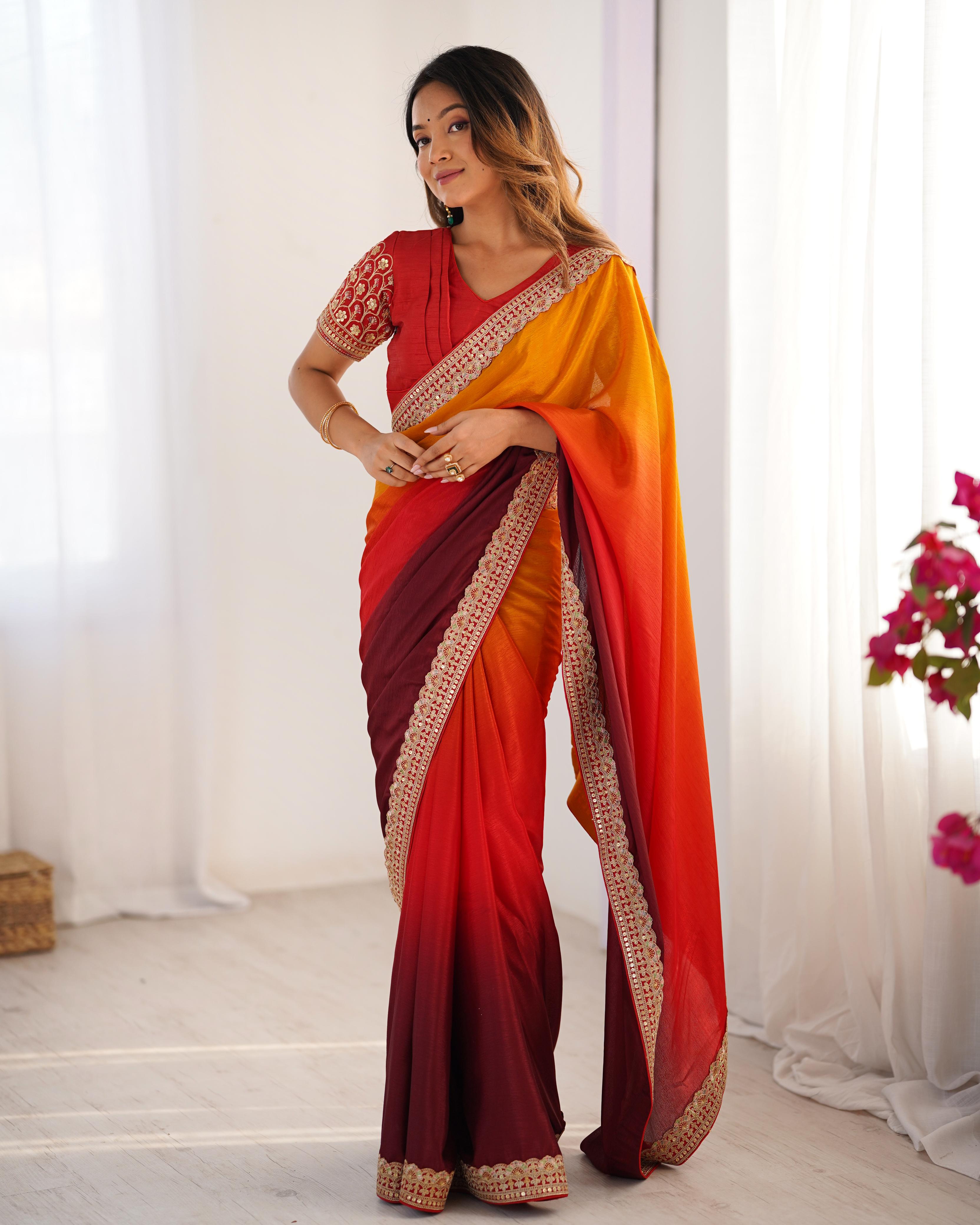 Beautiful Party-wear Chinon Silk Thread With Sequence Work Saree