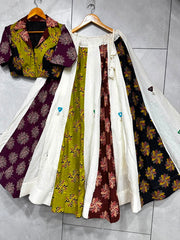Navratri Special Collection Ajrakh With Khadi Cotton Mirror Work With Real Shells Lehenga With Stitched Choli