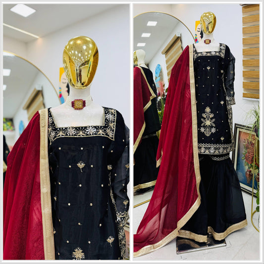 Party-wear Jimmy Choo Cording Embroidery Sequence Work Top palazzo Set