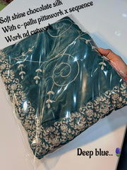 Beautiful Soft Shine Chocolate Silk Fabric Sequence & Cut work Saree