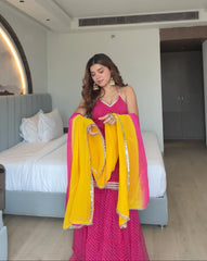 Elegant Ethnic Georgette Digital Print With Real Mirror Work Sharara Set