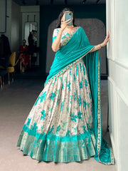 Beautiful Dola Chex Floral Printed With Zari Weaving Work Lehenga Choli
