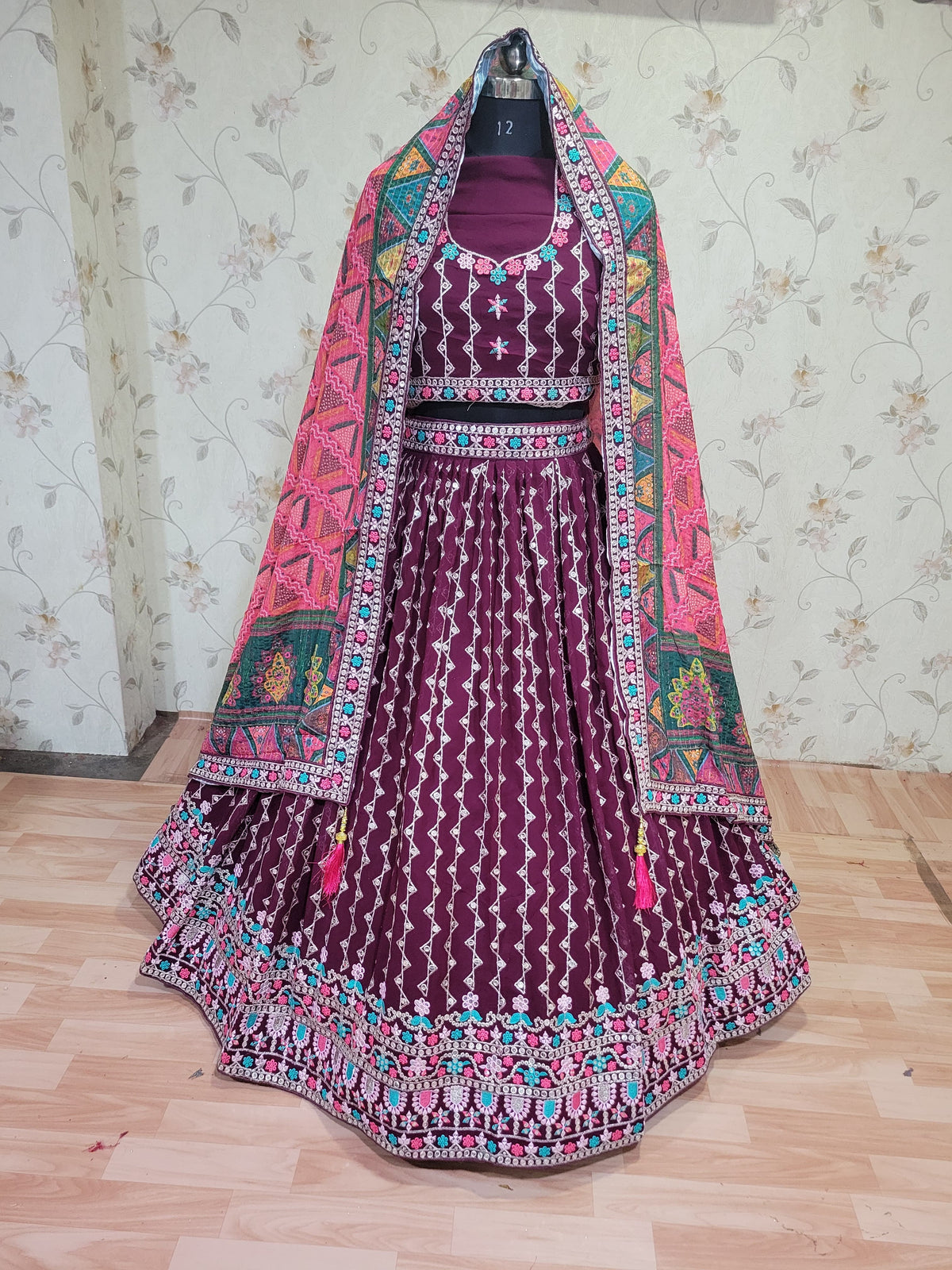 Wine Colour Fabulous PartyWear Embroidery & Sequence Work Lehenga Choli