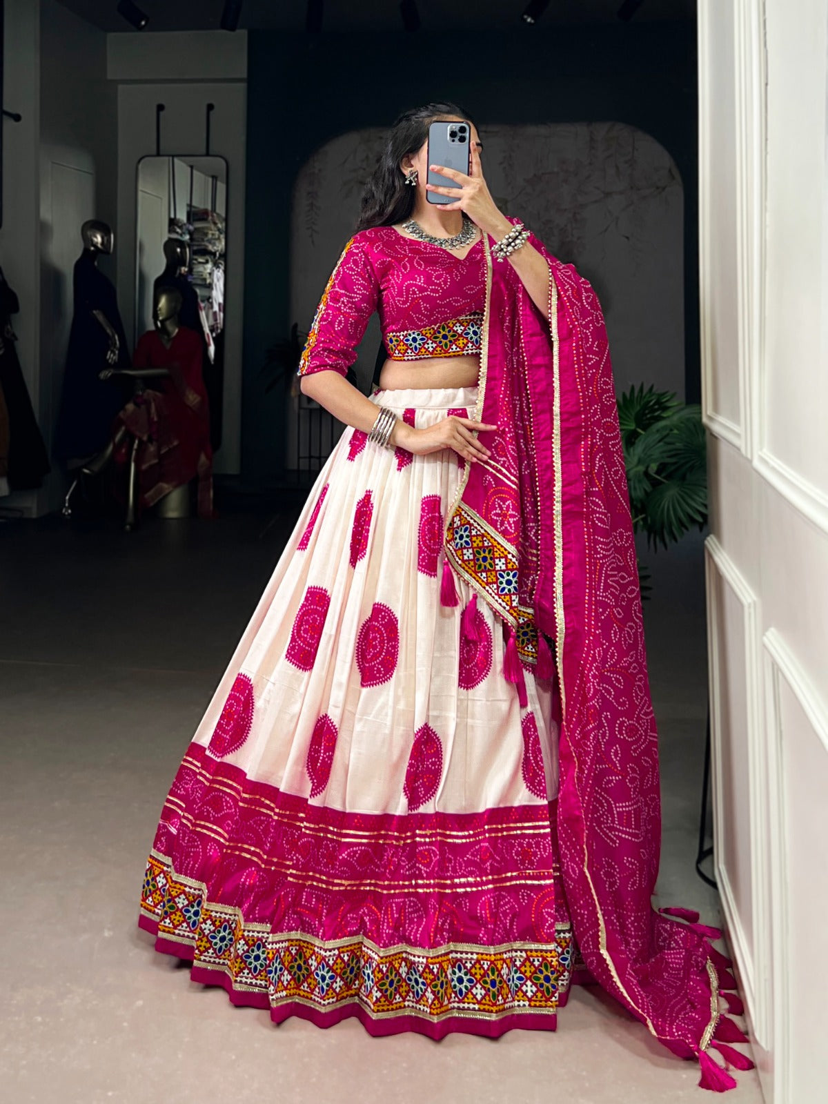 Festival Special Tasar Silk Bandhej Printed & Gamthi Work Lehenga Choli