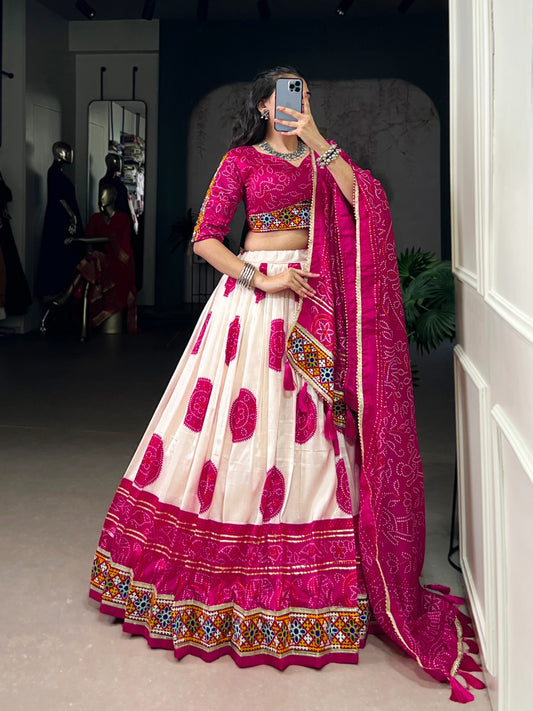 Festival Special Tasar Silk Bandhej Printed & Gamthi Work Lehenga Choli