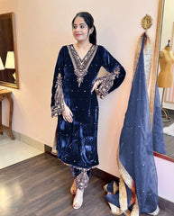 Designer Party-wear Pure Viscose Velvet With Embroidery Sequence Work Dress