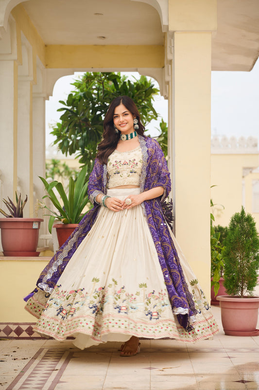Festival Special Tissue Silk Embroidery Sequence Thread Work Lehenga With Stitched Blouse