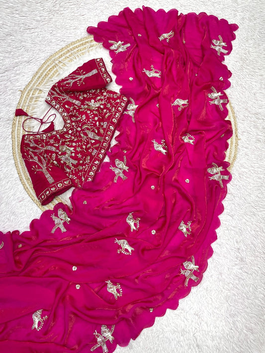 Party-wear Soft Fandy Satin Silk Handwork Saree With Stitched Blouse