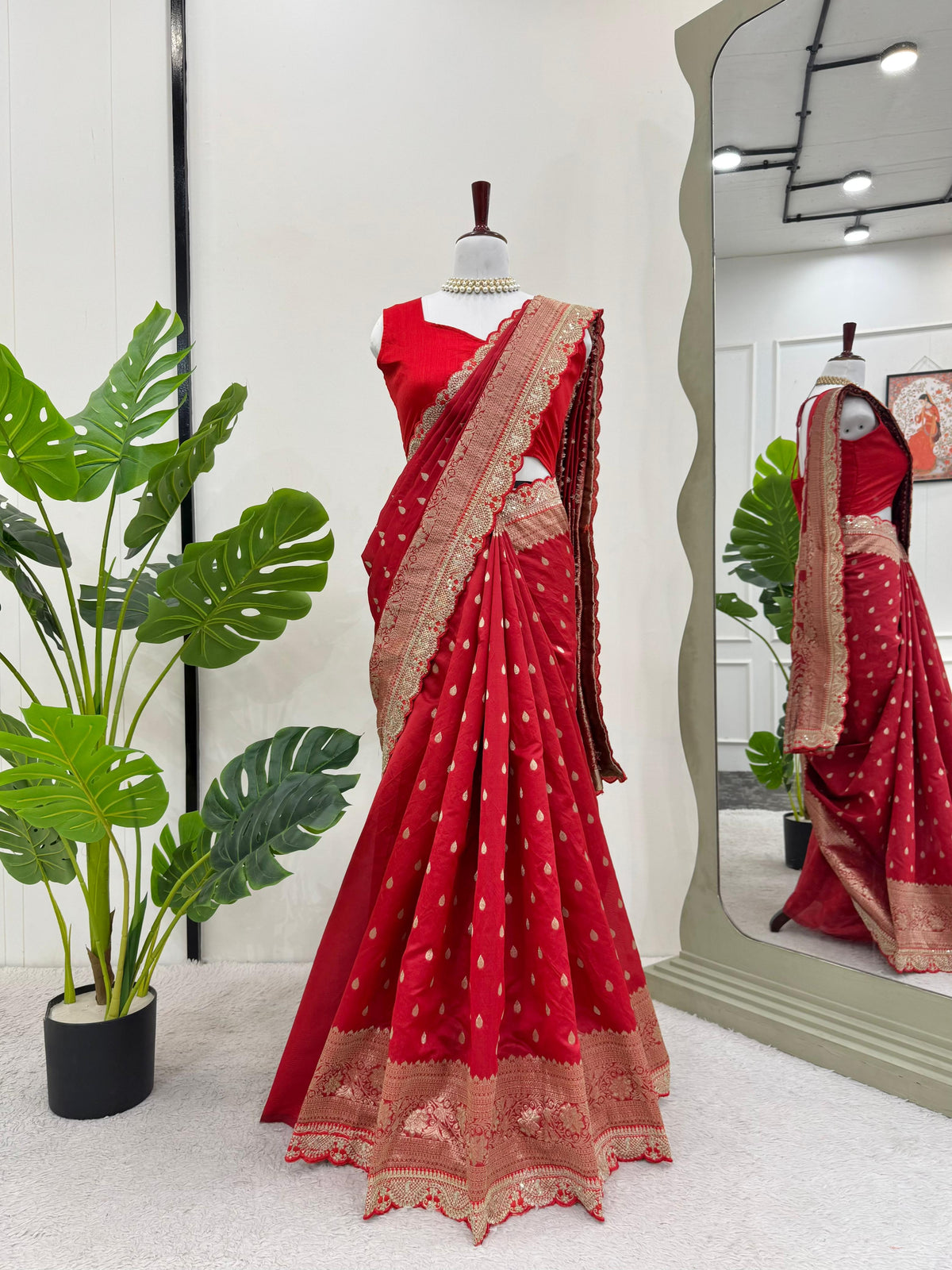 Party-wear Red Beautiful Designer Kota Silk Saree