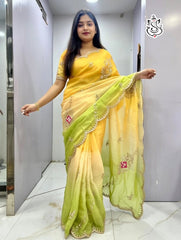 Beautiful Gold Crush Silk With Multi Pita Work Saree