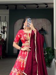 Beautiful Red Tussar Silk Printed Lehenga Choli