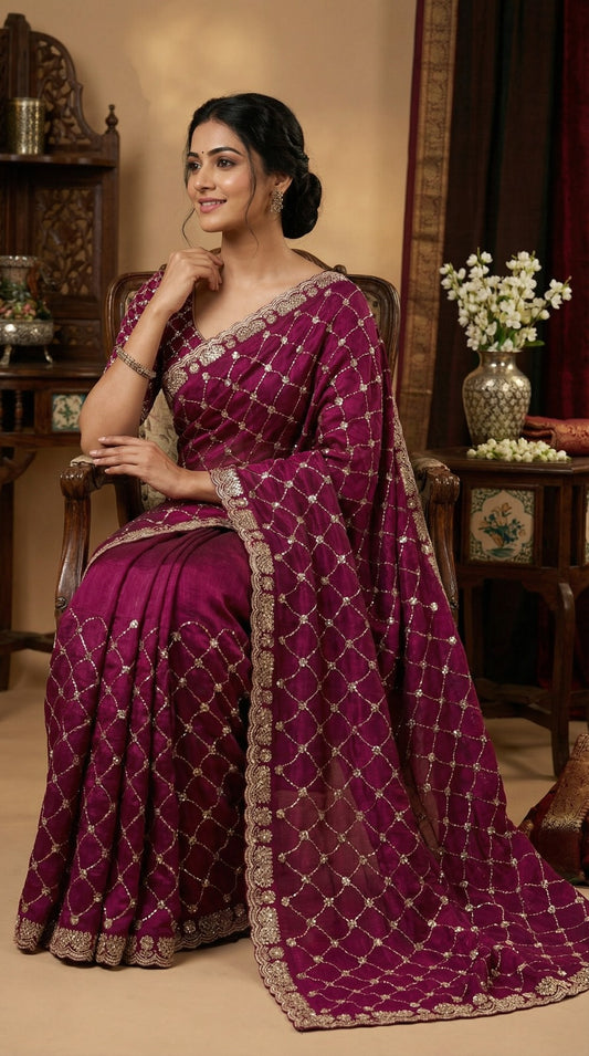 Party-wear Fendy Chiffon Silk Sequence Embroidery Work Saree