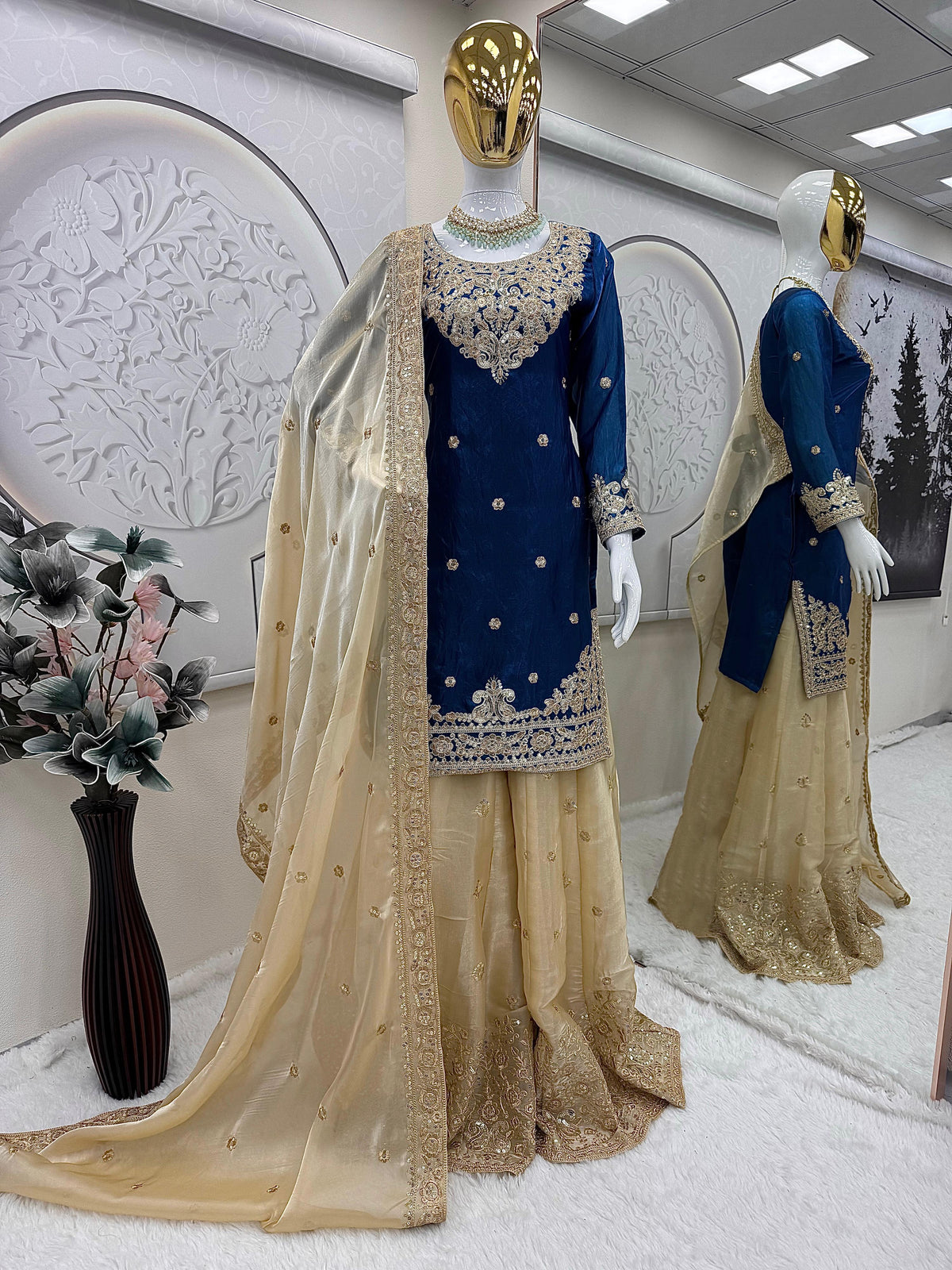 Designer Party-wear Fendy Satin Embroidery Codding & Sequins Work Suit