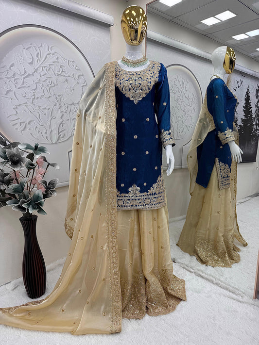 Designer Party-wear Fendy Satin Embroidery Codding & Sequins Work Suit